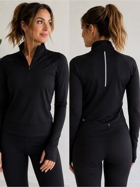 Yogalicious Lux Black Half Zip Pullover Athletic Top Womens Rear Zip Pocket